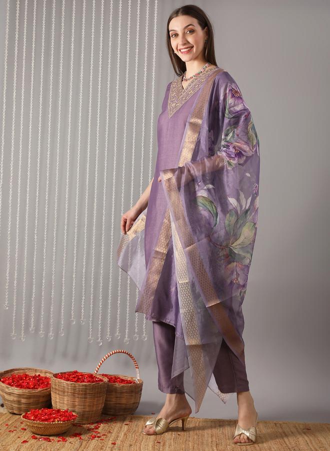globus Women Purple Embroidered Kurta with Pant and Printed Dupatta Set - Image 1